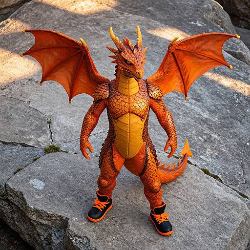 Photograph of a vibrant orange dragon figurine with yellow underbelly, large wings, and black sneakers standing on gray rocky surface.
