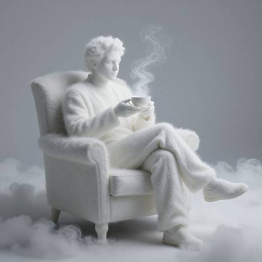 Photograph of a glowing white marble statue of a man in a fur coat, sitting in a plush armchair, holding a steaming cup, surrounded