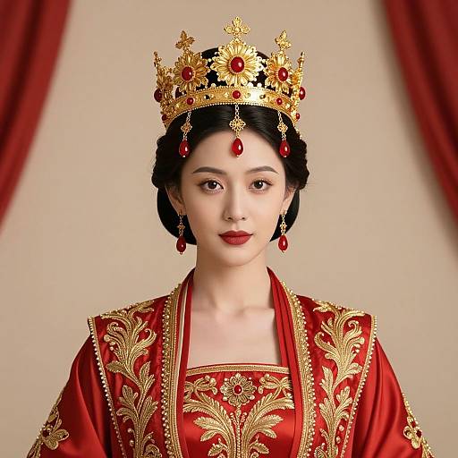 Digital portrait of an East Asian woman with fair skin, black hair in an updo, wearing a gold and red ornate crown, red embroidered robe