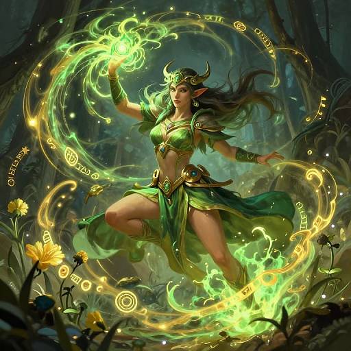 Digital fantasy artwork of a green-clad, horned, elf-like sorceress casting glowing green magic in a dark, enchanted forest with yellow flowers