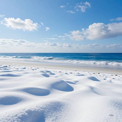 Photograph of a bright, sunny beach with white, foamy waves gently washing onto the shore, under a clear blue sky with scattered fluffy clouds.