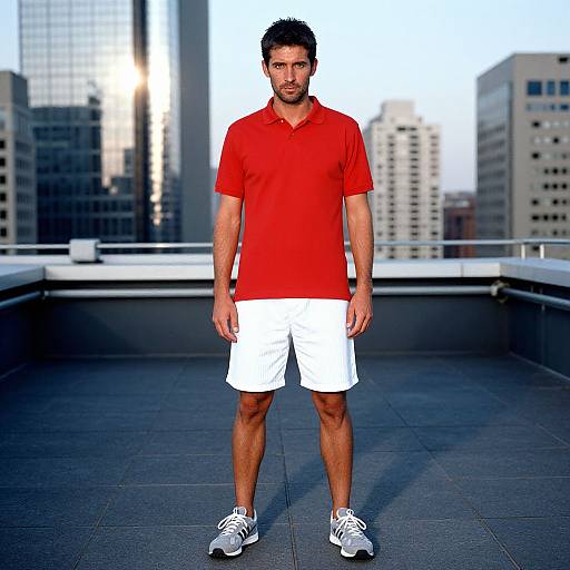 Photograph of a bearded man with short dark hair, wearing a red polo shirt, white shorts, and white sneakers, standing on a rooftop against