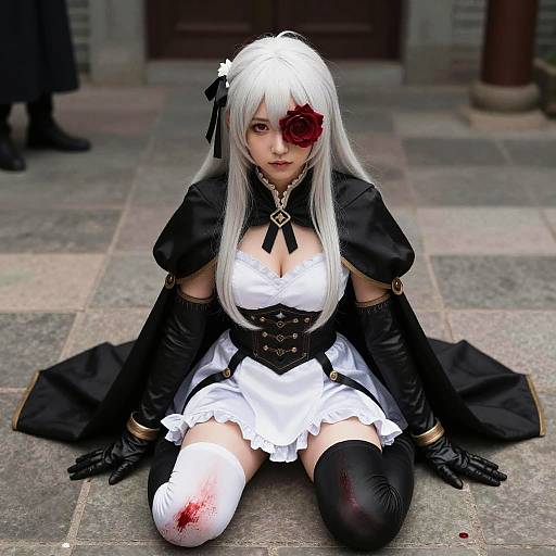 Digital artwork of a pale-skinned woman with long white hair, a red rose hairpin, black and white gothic outfit, bloodstained thigh