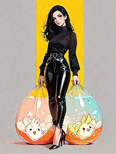 Chic Woman in Black Holding Cartoon Plush Bags