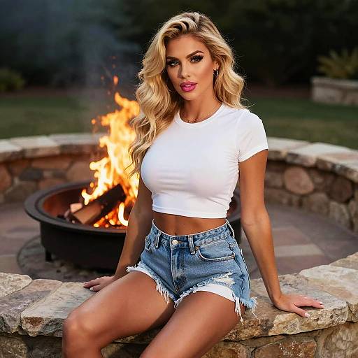 Photograph of a blonde woman with wavy hair, wearing a white crop top and frayed denim shorts, sitting by a burning fire pit in a