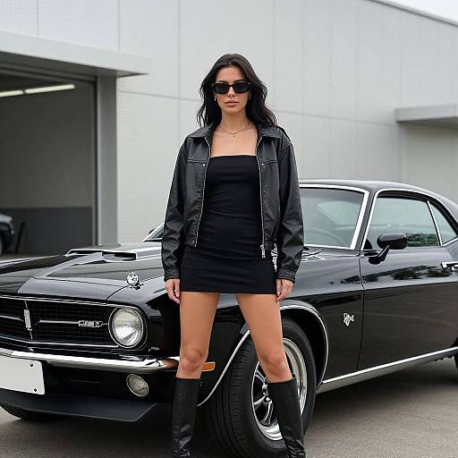 Photograph of a stylish woman with black hair, sunglasses, black strapless mini-dress, leather jacket, and knee-high boots standing in front of