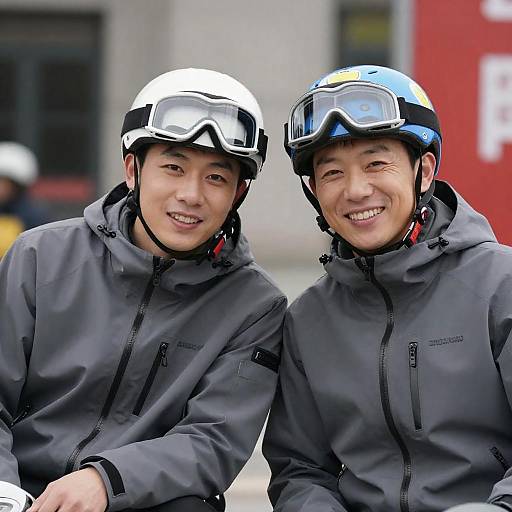 Joyful Men in Colorful Helmets Together