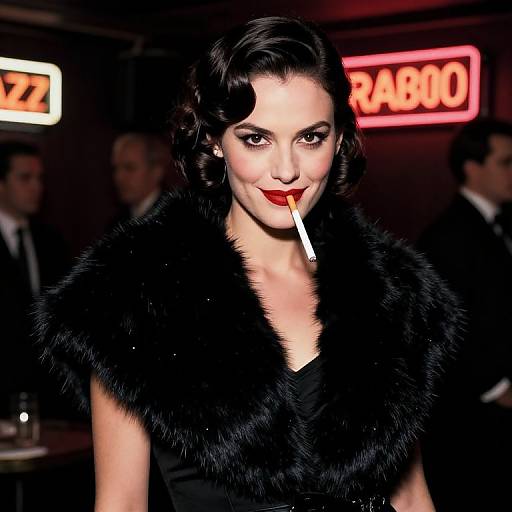 Photograph of a glamorous woman with dark wavy hair, red lipstick, black fur coat, and cigarette, in a dimly lit bar with neon