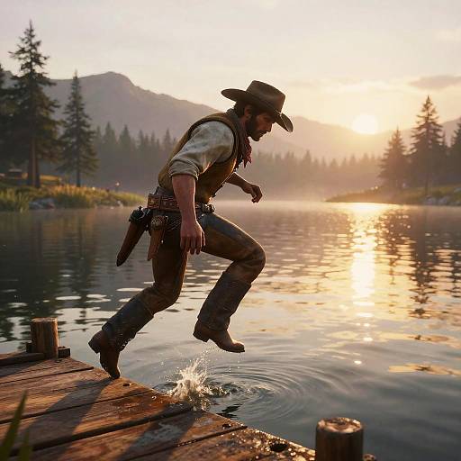 Photograph of a rugged cowboy in a brown hat, vest, and jeans, mid-leap from a wooden dock into a serene lake at sunset,