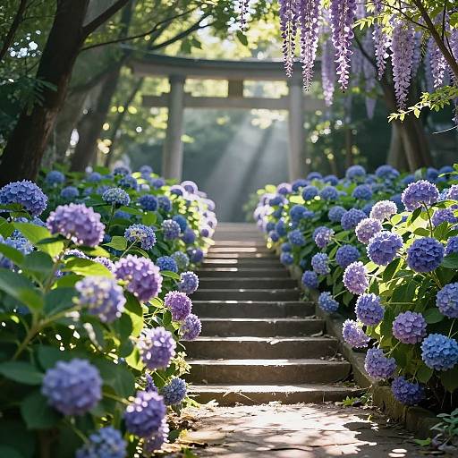 Sunlit Hydrangea Path with Torii
