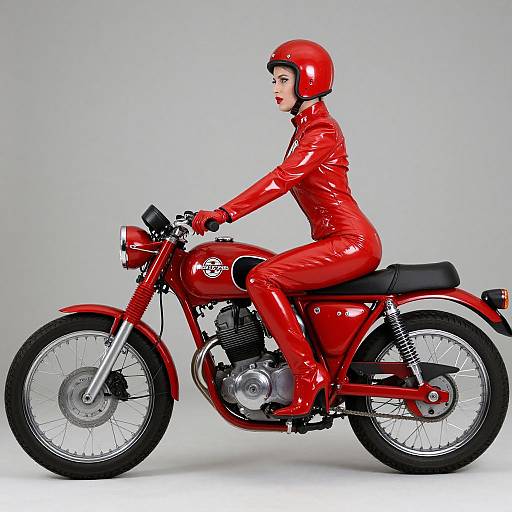 Photograph of a woman in shiny red latex suit and helmet, riding a red vintage motorcycle with black leather seat, against a plain gray background.
