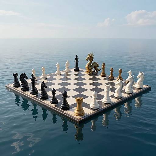 Photorealistic digital image of a floating chessboard with black and white pieces, including a dragon knight, on a calm ocean under a bright blue sky