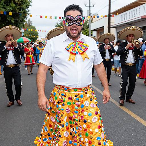 Photograph of a bearded man in colorful Mexican costume, white shirt, orange polka-dot skirt, and patterned mask, leading a parade with