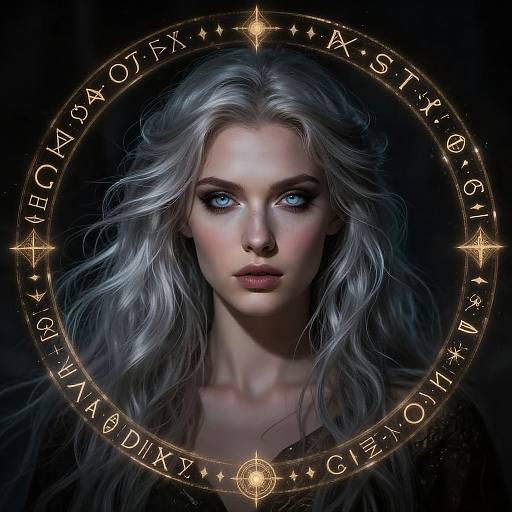 Digital artwork of a striking, pale-skinned woman with silver hair and blue eyes, surrounded by a glowing, ornate astrological circle.