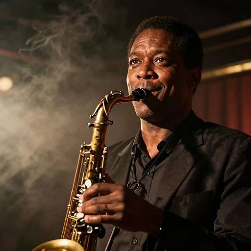 Photograph of an African-American man with short hair, black shirt, playing a golden saxophone, emitting smoke, under dim stage lighting.