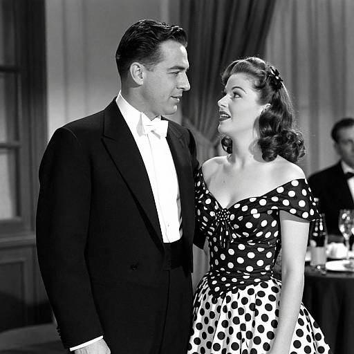 Black-and-white photograph of a smiling 1940s couple dancing; man in tuxedo, woman in polka dot dress, elegant background.