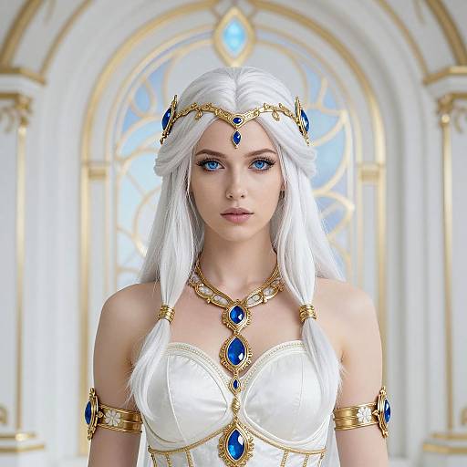 Digital art of a fair-skinned, blue-eyed woman with long white hair, wearing a white and gold dress adorned with blue gems, in an orn