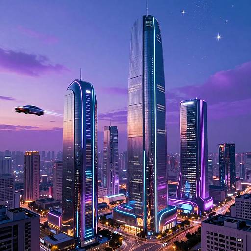 Digital art of a futuristic cityscape at twilight, featuring neon-lit skyscrapers, a flying drone, and a starry purple-blue sky.