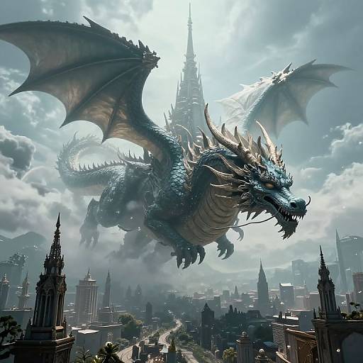 CGI dragon with blue scales, large wings, and sharp horns soaring over a foggy, Gothic-style cityscape with tall spires and skyscrap