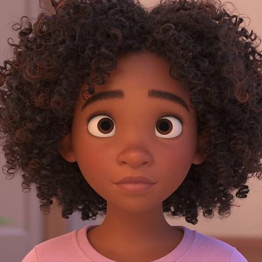 CGI portrait of a young Black girl with large, surprised eyes, curly dark hair, and a pink shirt, set against a softly blurred background.