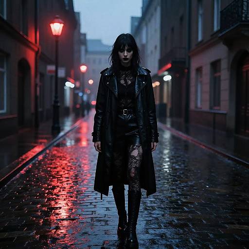 Moody photograph of a dark-haired woman in a black leather coat and boots, walking alone on a wet, cobblestone street at dusk, illuminated