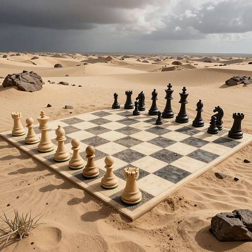 Photograph of a giant chessboard with oversized black and white pieces set in a desert with sand dunes and dark clouds.