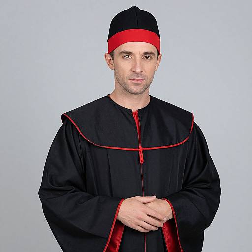 Photograph of a man with light skin, brown eyes, and short hair, wearing a black clergy robe with red trim and a matching black and red