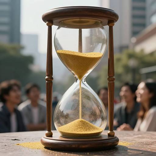 Photograph of a wooden hourglass with sand, set on a table outdoors, with blurred people and city buildings in the background.