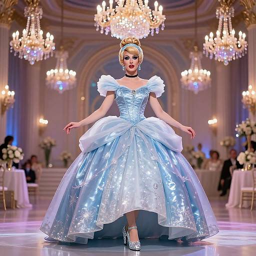 Elegant blonde model in a shimmering, light blue, strapless ballgown with puffed white sleeves, walking on a luxurious, chandelier