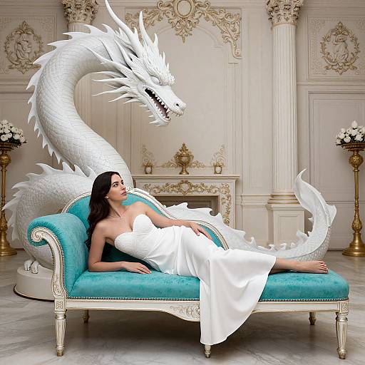 Photograph of a woman with dark hair in a white dress reclining on a turquoise chaise lounge, with a white dragon beside her in an orn