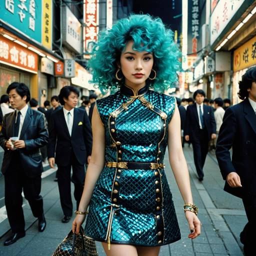 Bold Woman with Aqua Blue Curls in 1980s Tokyo Street