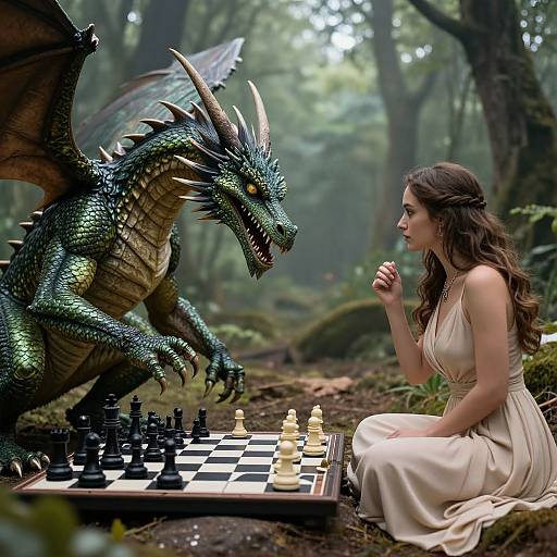 Photorealistic digital artwork of a green dragon with gold scales and horns playing chess against a woman in a beige dress in a misty forest.