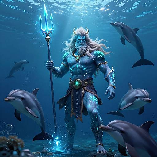 Digital artwork of a muscular, blue-skinned sea god with white hair, horns, and a trident, surrounded by dolphins underwater.