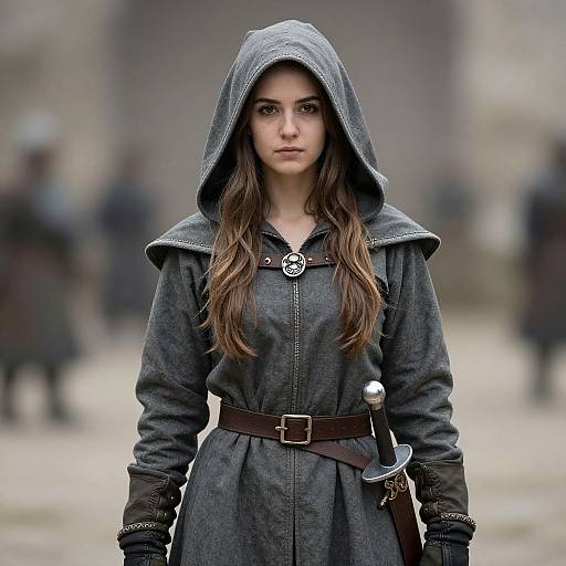 Photograph of a young woman with long brown hair, wearing a gray hooded medieval dress, brown belt, and sword, standing in a blurred,