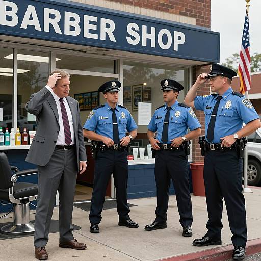 Three Police Officers and Man Outside Barber Shop