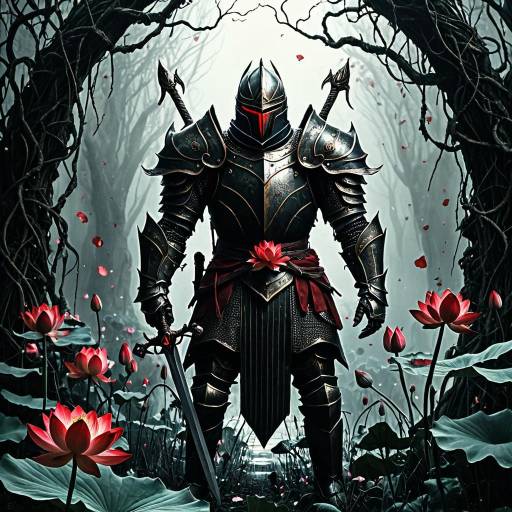 Dark Fantasy Knight with Lotus Blossoms