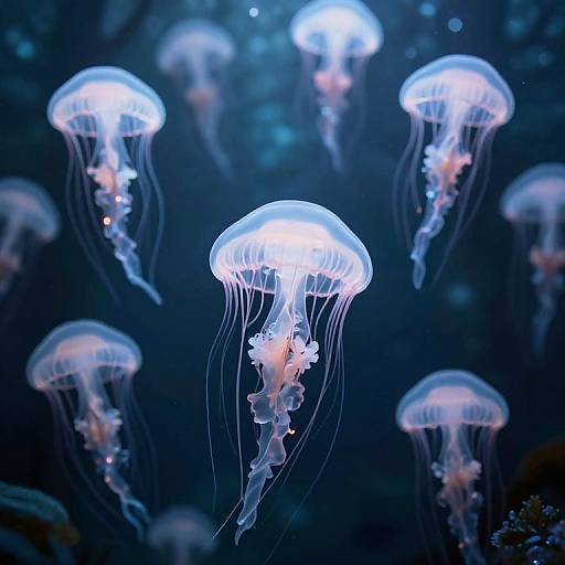 Photograph of glowing, translucent jellyfish with white bell and trailing tentacles, floating in a dark, blue underwater environment.
