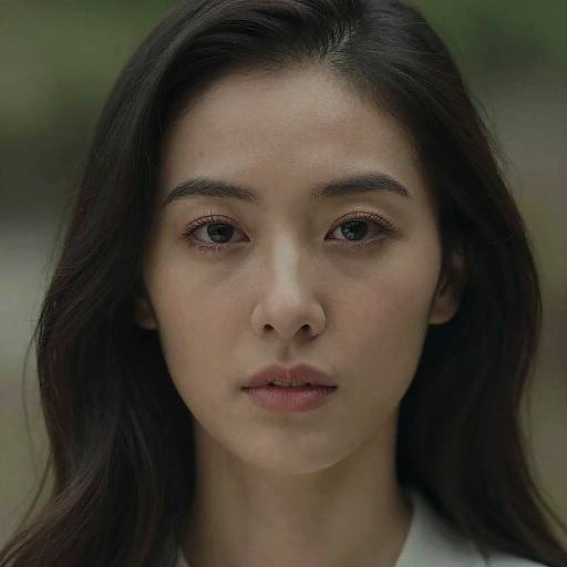 Close-up photograph of a young woman with long dark hair, fair skin, and brown eyes, looking directly at the camera with a neutral expression. Background