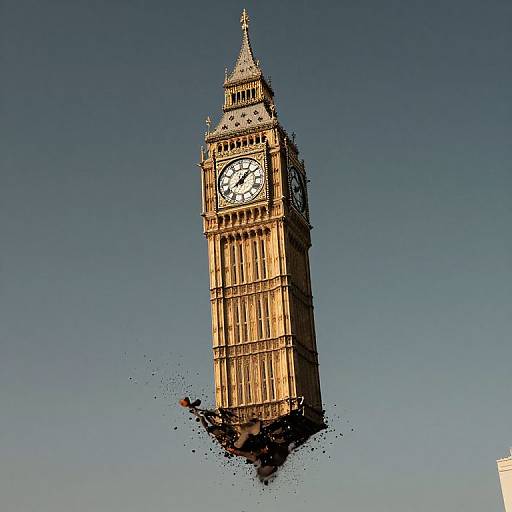 Photograph of Big Ben clock tower exploding mid-air, with detailed architecture and clear blue sky background, debris scattered below.