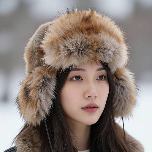Photograph of an East Asian woman with long black hair, wearing a brown and gray fur hat, against a blurred snowy background.