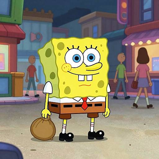 Digital cartoon of SpongeBob SquarePants in a white shirt, red tie, brown skirt, holding a brown bag, standing on a night-time city