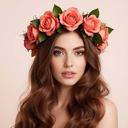 Photograph of a fair-skinned woman with long, wavy brown hair, wearing a pink rose flower crown, against a white background.