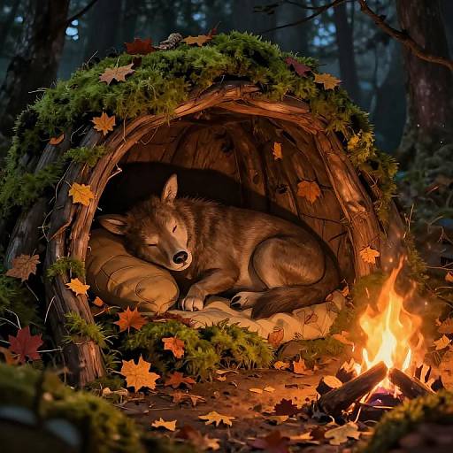 Digital art: Cozy wolf sleeping in a moss-covered wooden hut by a campfire, surrounded by autumn leaves in a dark forest.