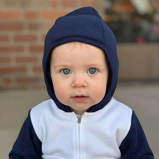 Photograph of a toddler with fair skin and blue eyes, wearing a navy blue hooded jacket with white sleeves, against a blurred brick wall background.