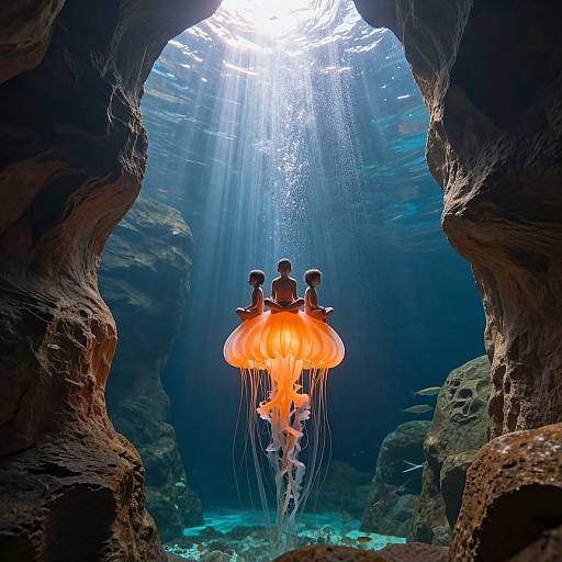 Photograph of four small silhouetted figures sitting on a glowing orange jellyfish in a sunlit underwater cave, surrounded by dark rock formations and