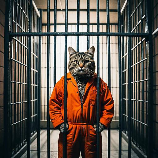 Anthropomorphic Cat in Prison Jumpsuit Behind Bars