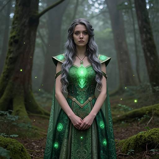 Photorealistic digital art of a silver-haired woman in an ornate green forest dress, standing in a misty enchanted forest with glowing fireflies.