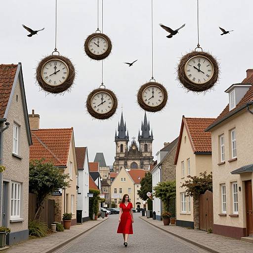 Photograph of a woman in a red dress walking down a quaint cobblestone street with hanging vintage clocks and blackbirds above, leading to a church