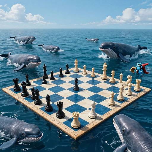 Photograph of a chessboard floating in the ocean surrounded by orcas, with a scuba diver in red gear on the right.