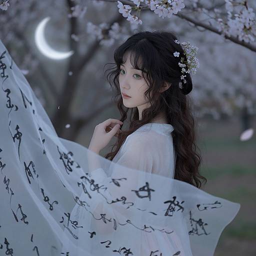 A delicate, pale-skinned woman with long, wavy black hair and green eyes, wearing a sheer white dress adorned with black calligraphy, stands